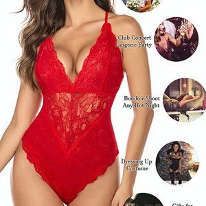 Bright Red Women Snap Crotch Lingerie Sexy Lace Bodysuit Deep V Teddy One Piece
